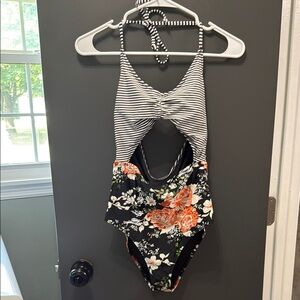 Floral and Striped One Piece Swimsuit